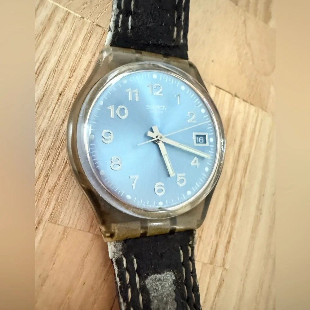 Swatch Blue dial brown strap, Blue Choco classic watch NEW BATTERY